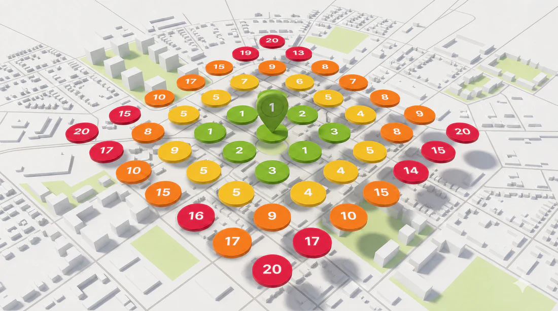 Beispiel einer Google-Maps-Rasteranalyse mit Platzierungen von 1 bis 20 an verschiedenen Standorten.