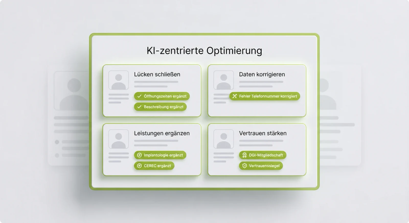 Vier Schritte der Verzeichnisoptimierung: Lücken schließen, Daten korrigieren, Leistungen ergänzen und Vertrauen stärken.