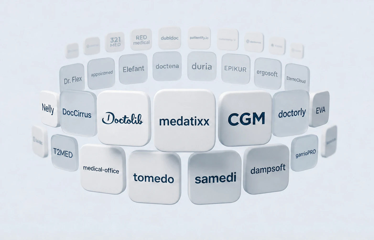 Logos verschiedener Praxissoftware- und Terminplattformen, darunter Doctolib, medatixx und CGM.