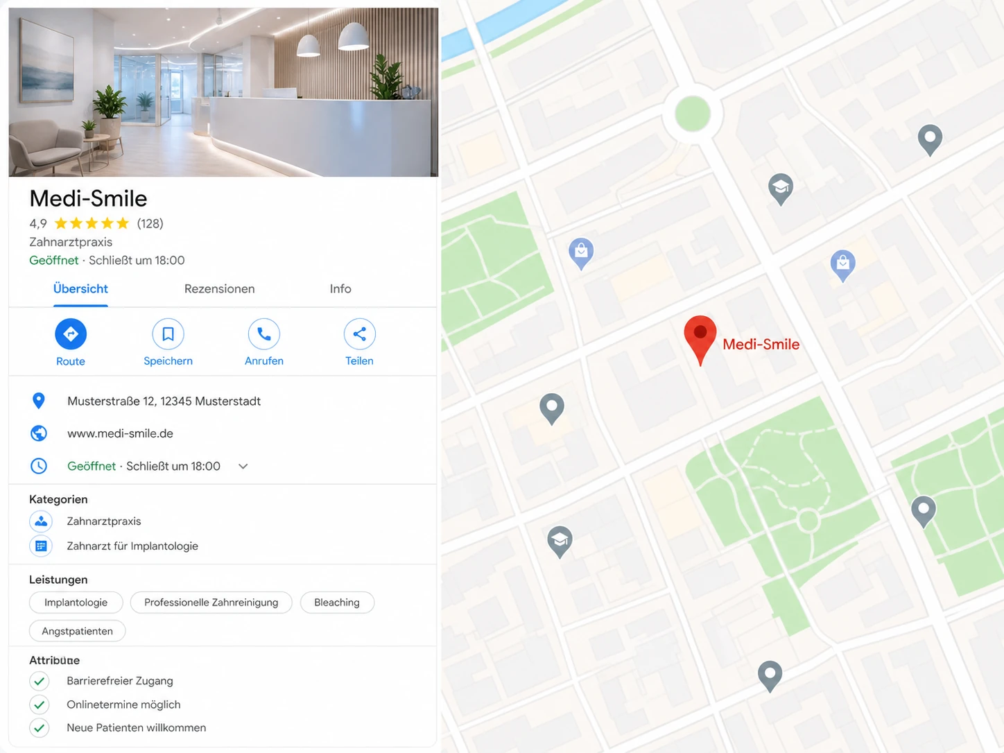 KI-generierte Beispielansicht eines fiktiven Google-Maps-Profils der Zahnarztpraxis Medi-Smile mit Kategorien, Leistungen und Attributen