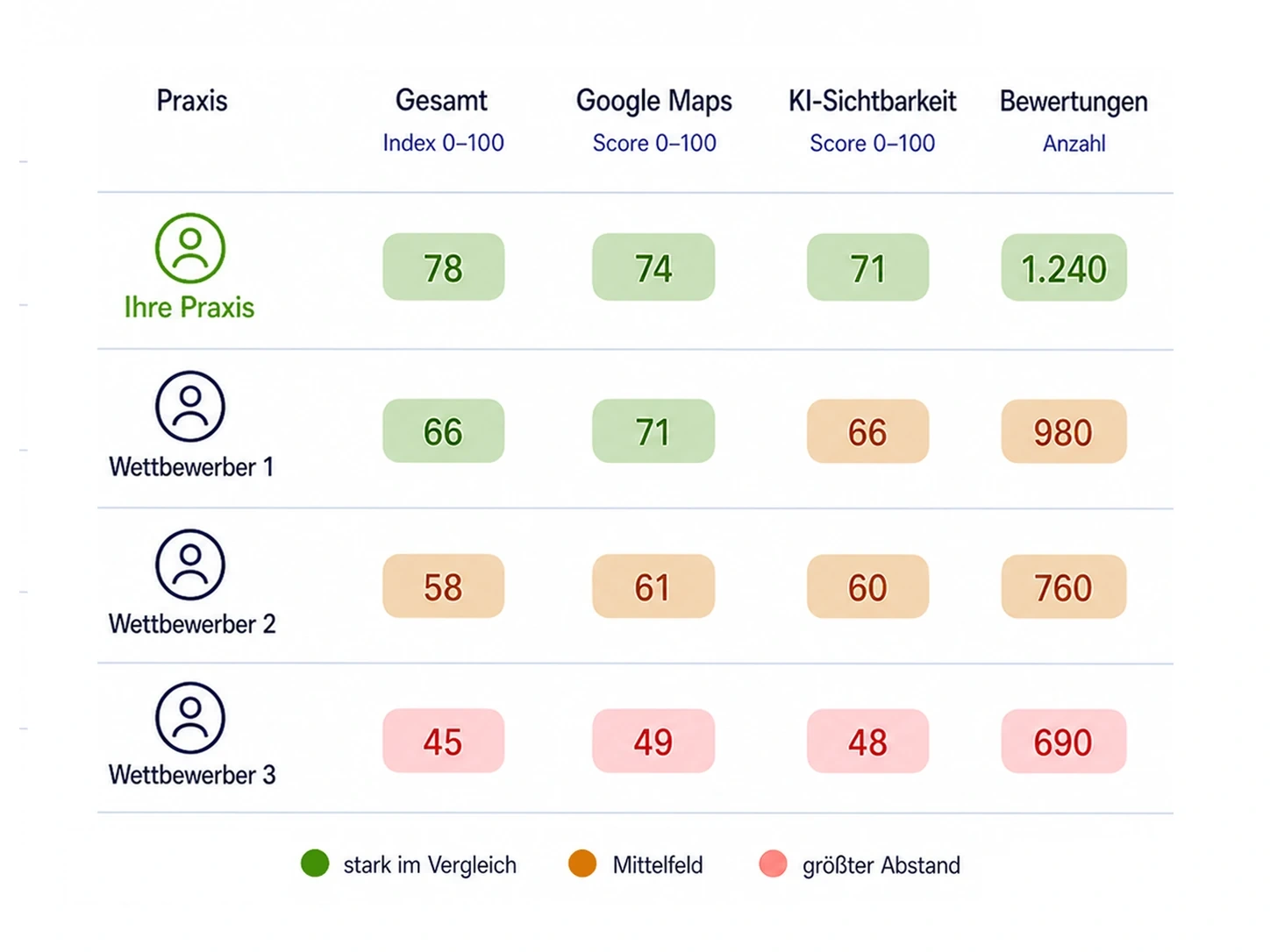 Beispiel eines Vergleichs der eigenen Praxis mit drei Wettbewerbern anhand von Gesamtindex, Google-Maps-Sichtbarkeit, KI-Sichtbarkeit und Bewertungsanzahl
